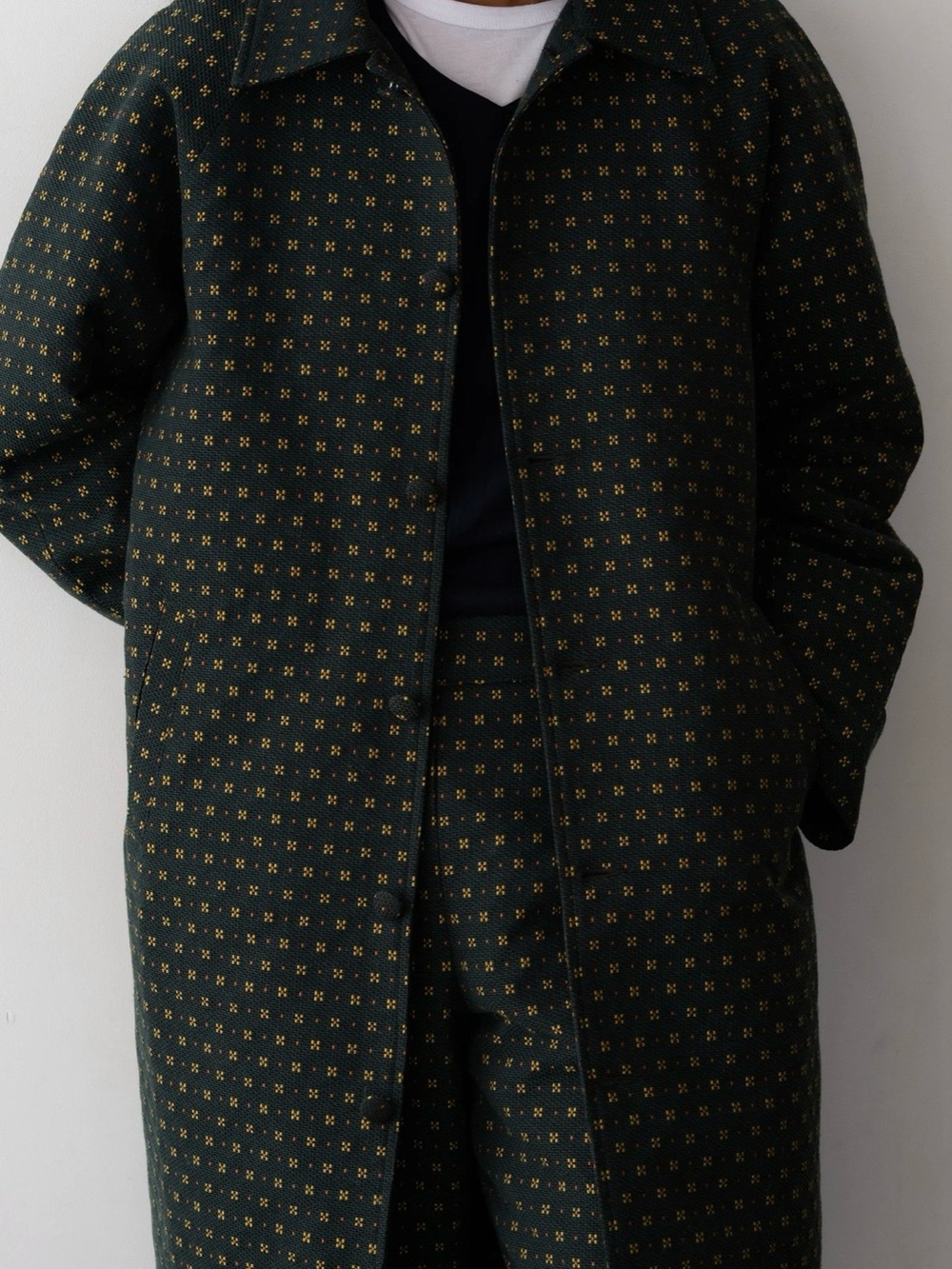 DONNI. Dark Green Daisy Coat with Yellow and Orange Accent Dots - Picture 11 of 11